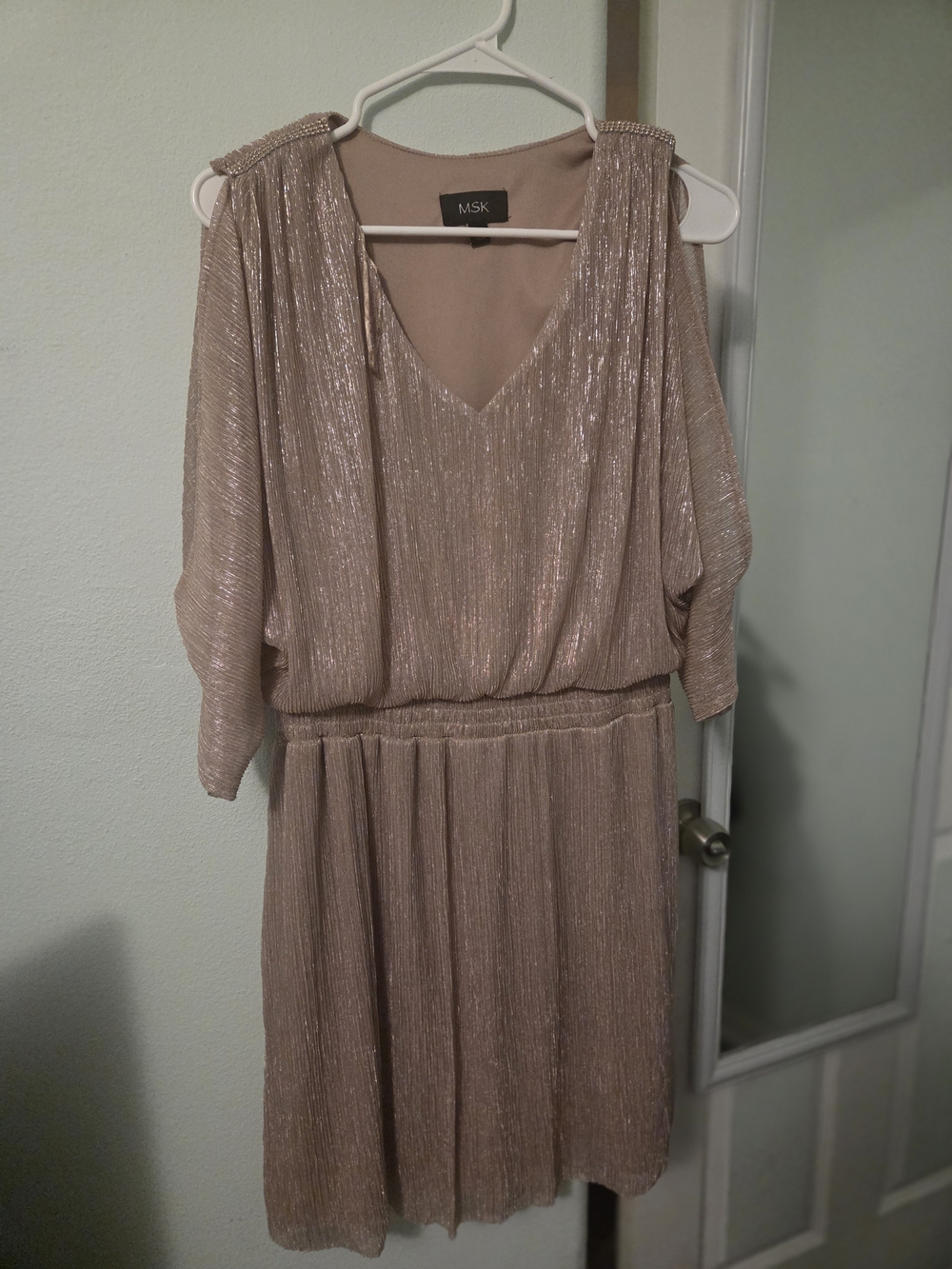 MSK Metallic Taupe V-Neck Pleated Midi Dress